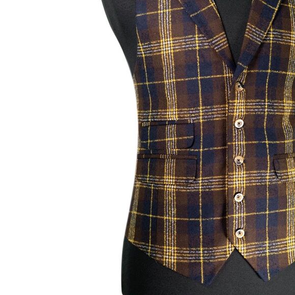 Mens 42R Wool Vest Brown Blue Yellow Plaid Waistcoat Preppy Casual Formal Party - Picture 7 of 10